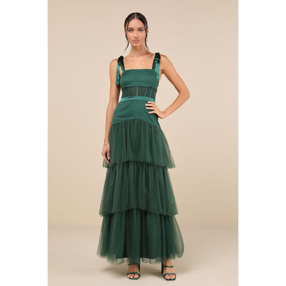 Lulus Enticing Mystique Dark Green Tulle Tie-strap Tiered Maxi Dress - Size S